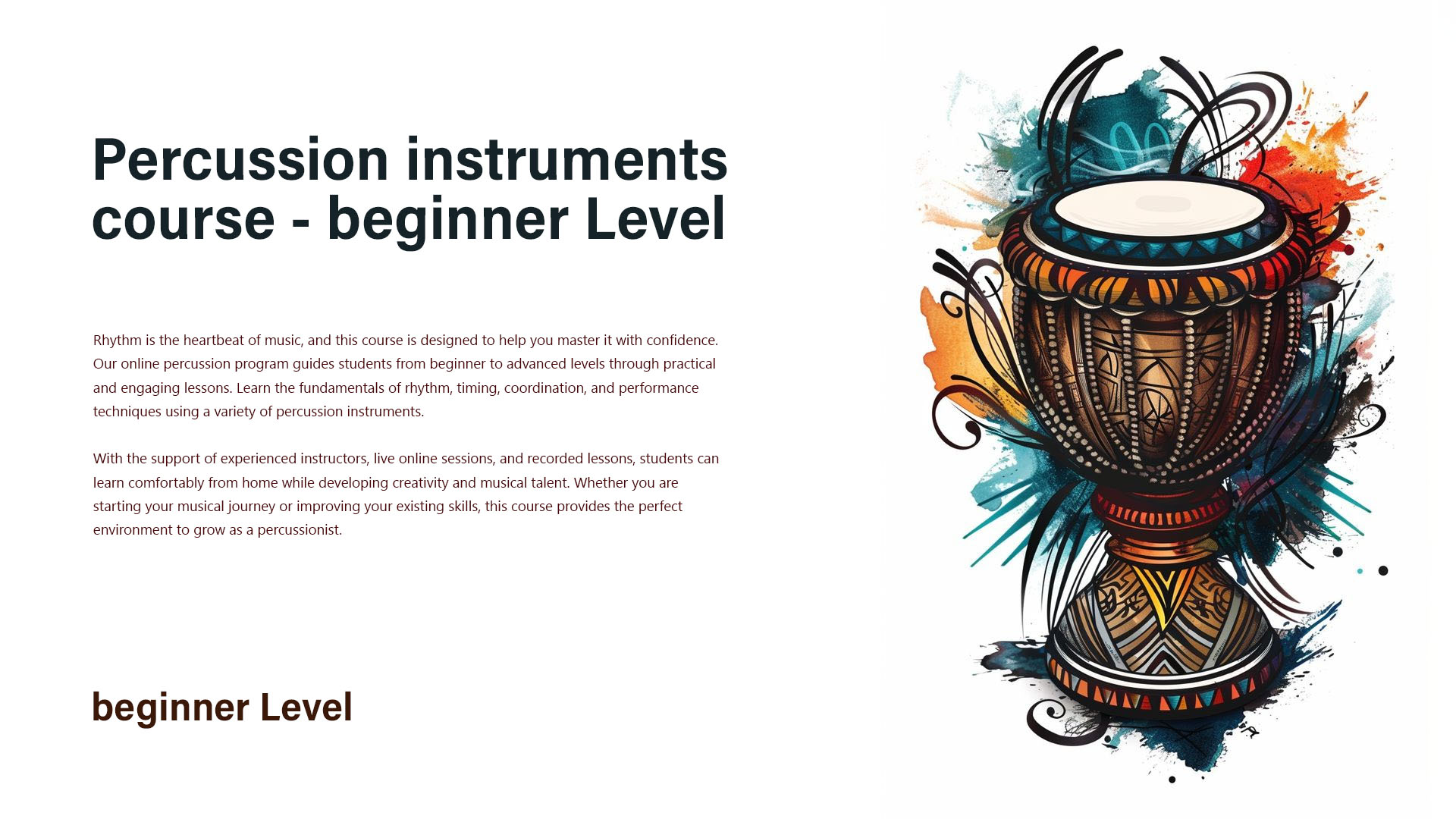 Percussion instruments course beginner Level