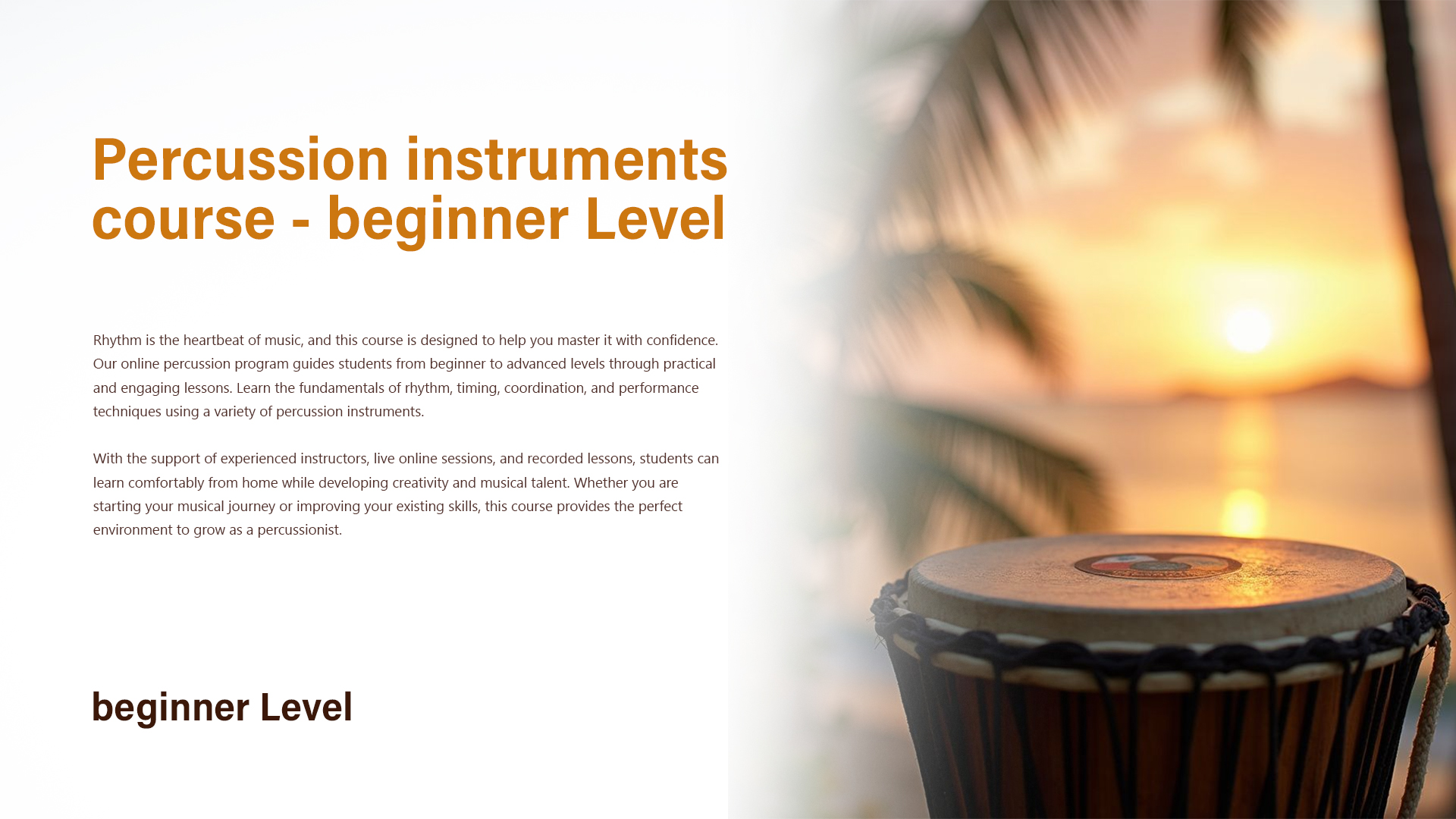 Percussion instruments course beginner Level